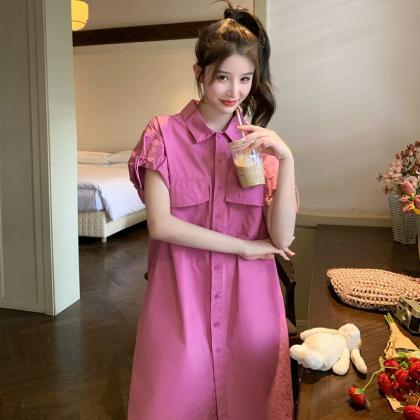 Single-breasted Loose-fitting Casual Shirt Dress..