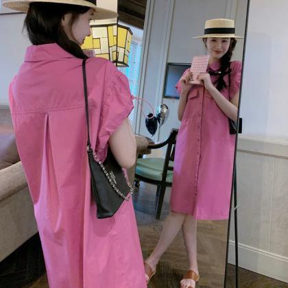 Single-breasted Loose-fitting Casual Shirt Dress..