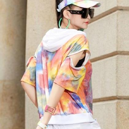Style Painted Tie-dye Letter Short-sleeved T-shirt..