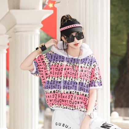 Summer Casual Street Letter Print Contrast Color..