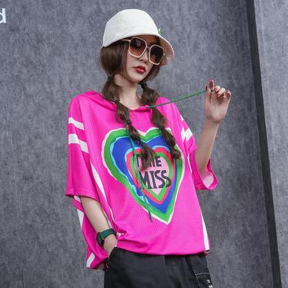 Style Short-sleeved Printed Hooded T-shirt Loose..