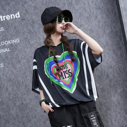 Style Short-sleeved Printed Hooded T-shirt Loose..