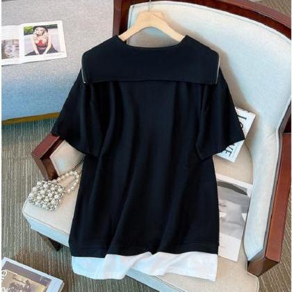 60-150kg Fashion Navy Collar Top Loose T-shirt