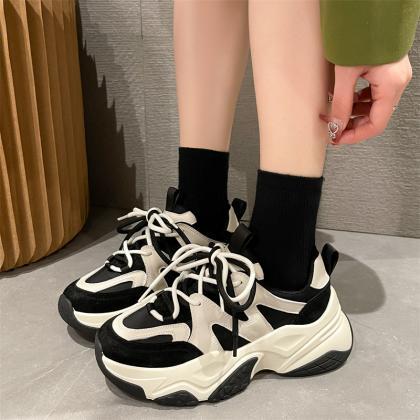 Thick-soled Round Toe Lace-up Net Red Sports Shoes..