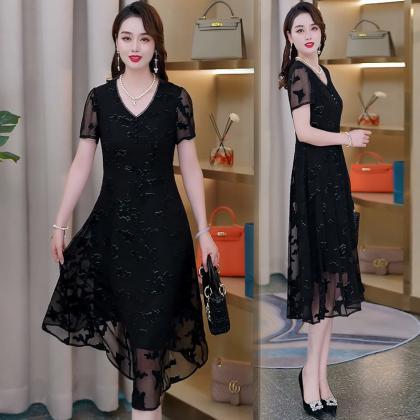 Fashionable Waist Mesh Embroidery Dress For Women