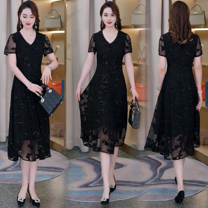 Fashionable Waist Mesh Embroidery Dress For Women