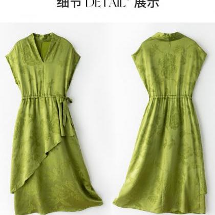 Summer Silk Dress Irregular Printing V-neck Design..
