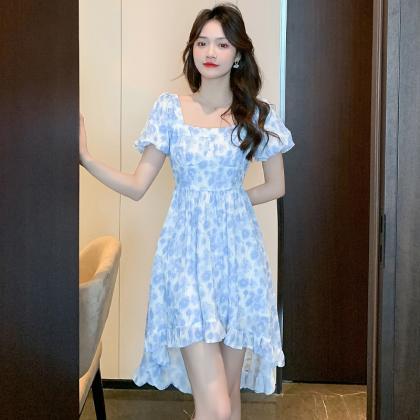 Blue Floral Dress French Fashion Square Neck Waist..
