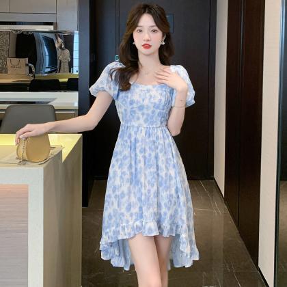 Blue Floral Dress French Fashion Square Neck Waist..