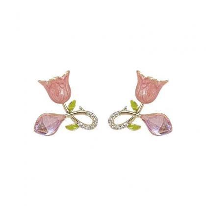 Pink Color Enamel Tulip Earrings For Women..