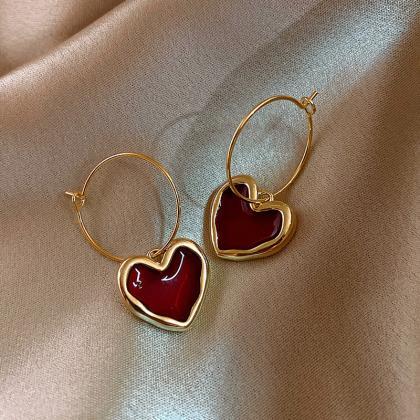 Love Sweet Burgundy Enamel Heart Earrings For..
