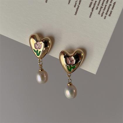 French Retro Dripping Oil Tulip Metal Love-heart..