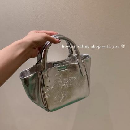 Simple Vintage Handbag Silver Pu Leather Korean..