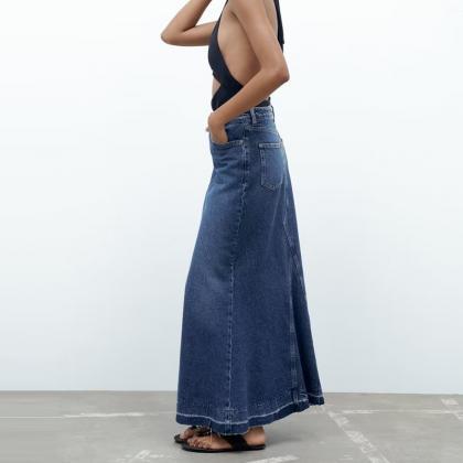 Denim Skirt Women Blue Slit Jean Skirt Woman High..