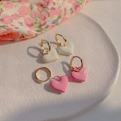 Sweet White Pink Peach Heart Hoop Earrings Y2k..