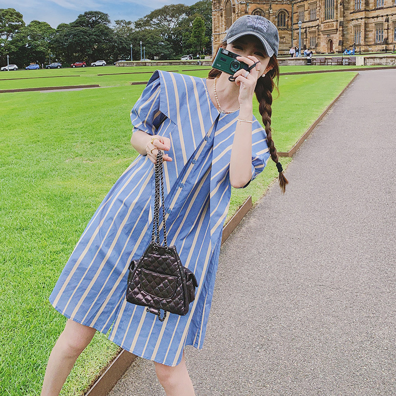 Navy Collar Single Breasted Loose Blue Striped Dress
