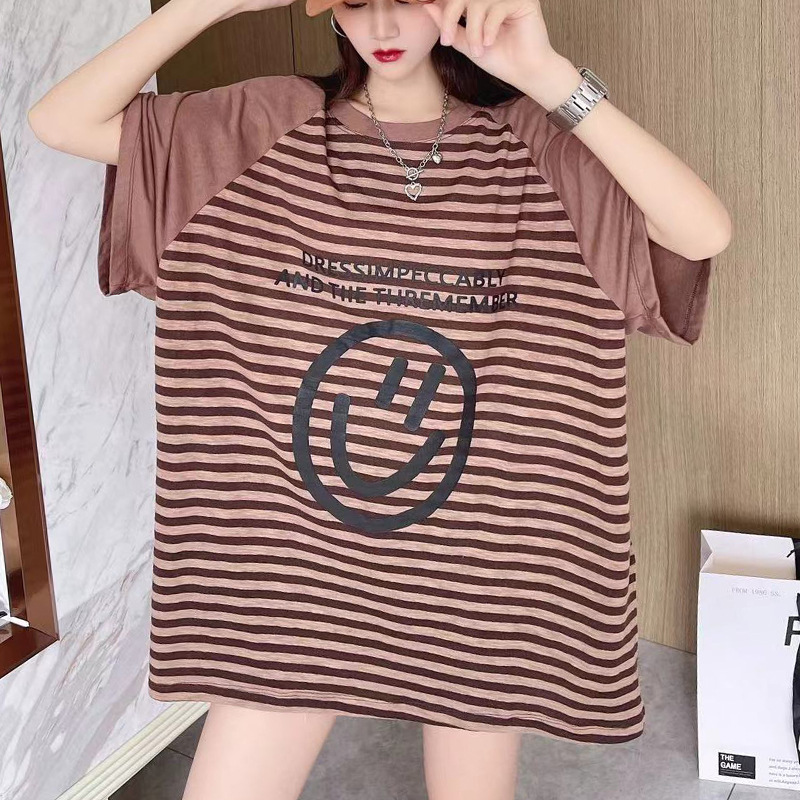 Color Matching Striped Smiley Face Print Short-sleeved T-shirt For Women