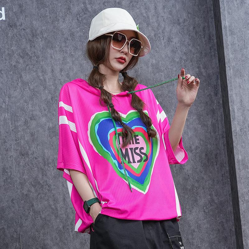 Style Short-sleeved Printed Hooded T-shirt Loose Women's Clothing