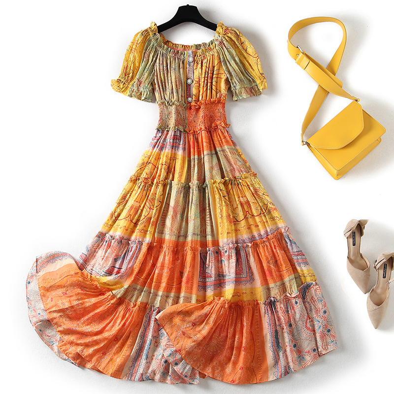 Color Block Elastic Waist Swing Dress