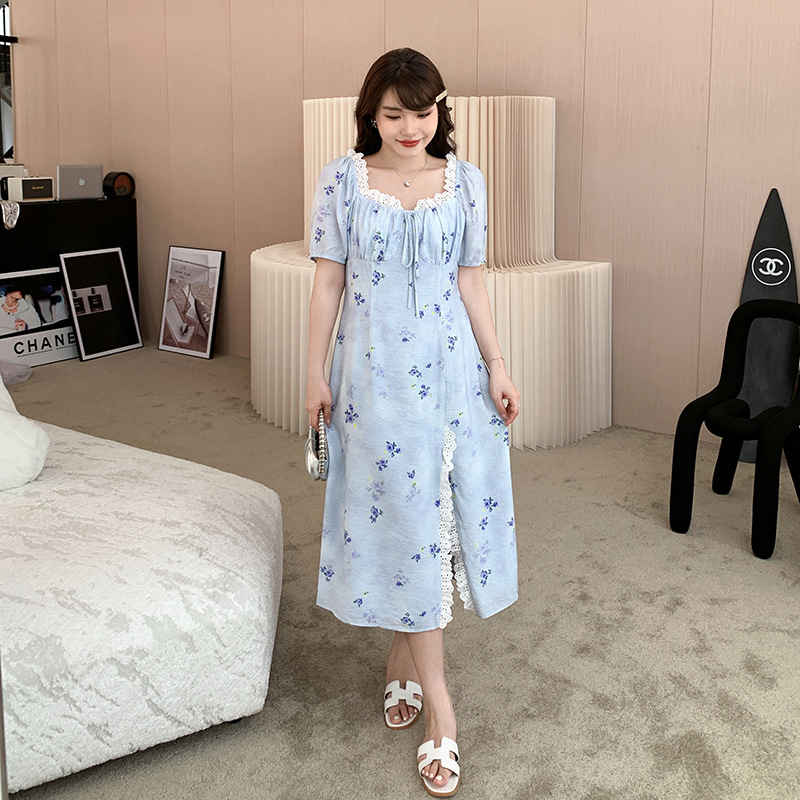 Summer French Blue Floral Square Neck Plus Size Ladies Dress