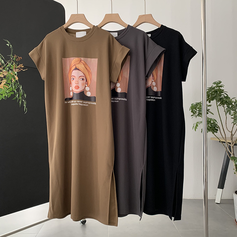 Beauty Portrait Print Loose All-match Mid-length Short-sleeved T-shirt Dress For Women