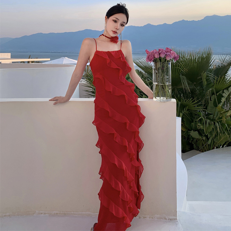 Fashion Sexy Slim Suspender Ruffled Red Vacation Travel Long Dress