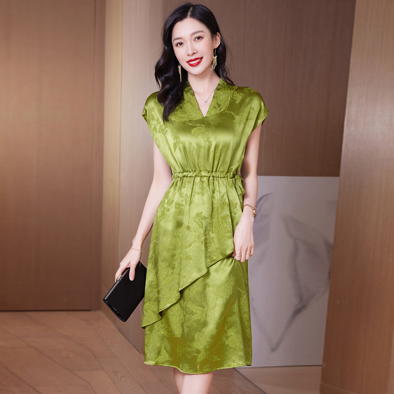 Summer Silk Dress Irregular Printing V-neck Design Sense Of Waist Drape Mulberry Silk Floral Skirt