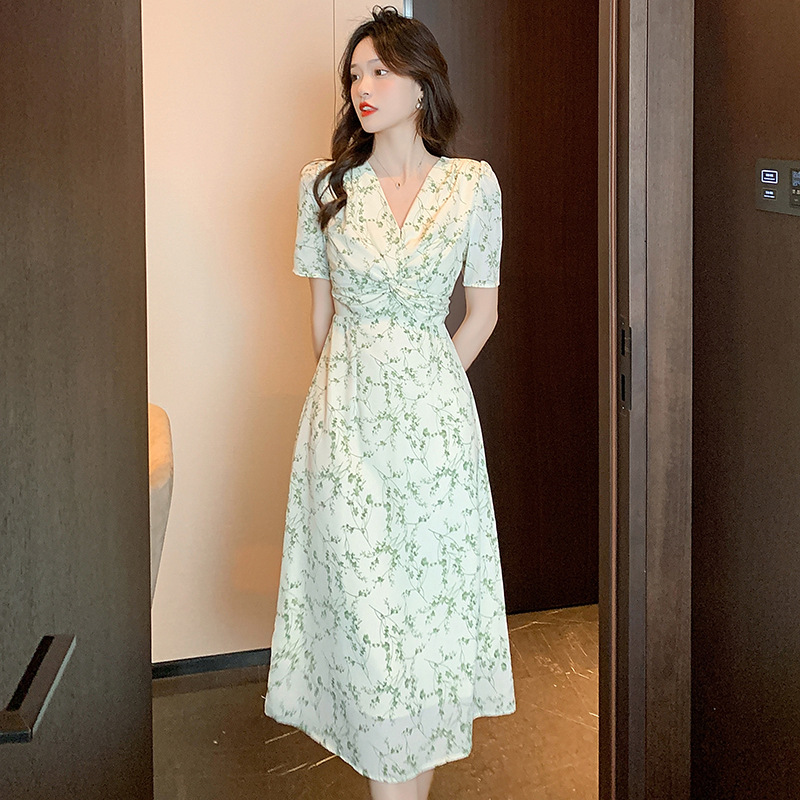Fashion Chiffon Short-sleeved A-line Skirt Floral Dress