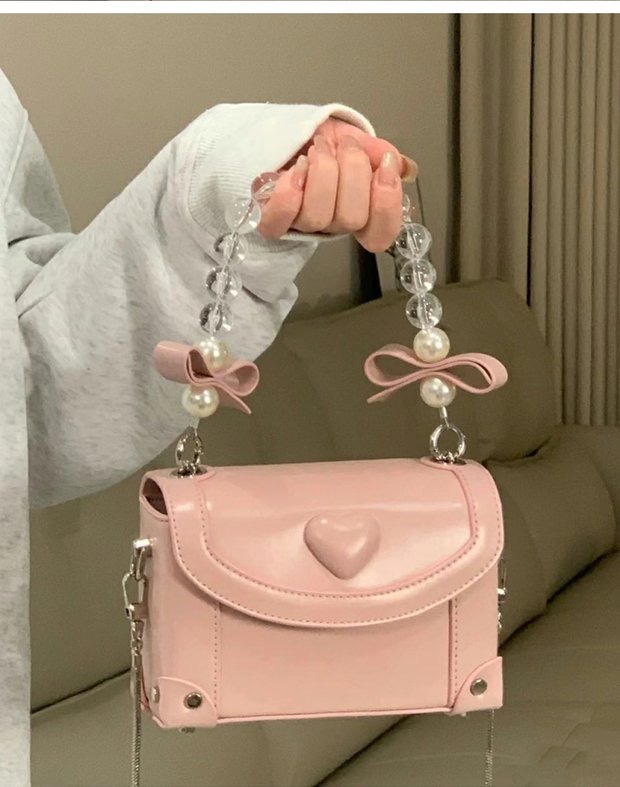 Sweet Pink Messenger Bag Women Fairycore Aesthetic Handle Pearl Chain Crossbody Bags Ladies Harajuku Heart Y2k Hand Bag