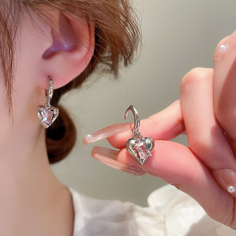 Design Pink Zircon Irregular Heart Dangle Earrings For Women Sweet Personality 2023 Y2k Accessories Fashion Jewelry Party
