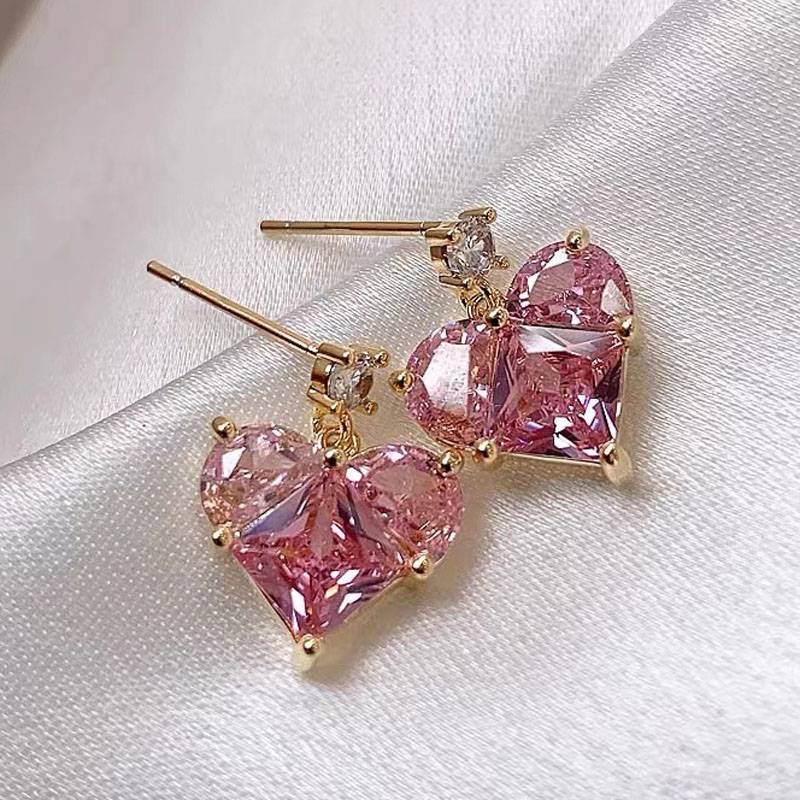 Love Heart Cut Pink Diamond Stud Earring For Girl 100% Real 14k Gold Promise Wedding Earrings For Women Party Jewelry