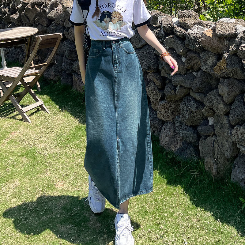 Vintage High Waist Women Denim Midi Skirt Summer Korean Thin Section Slit A Line Skirts Fashion Casual All Match Denim Skirts