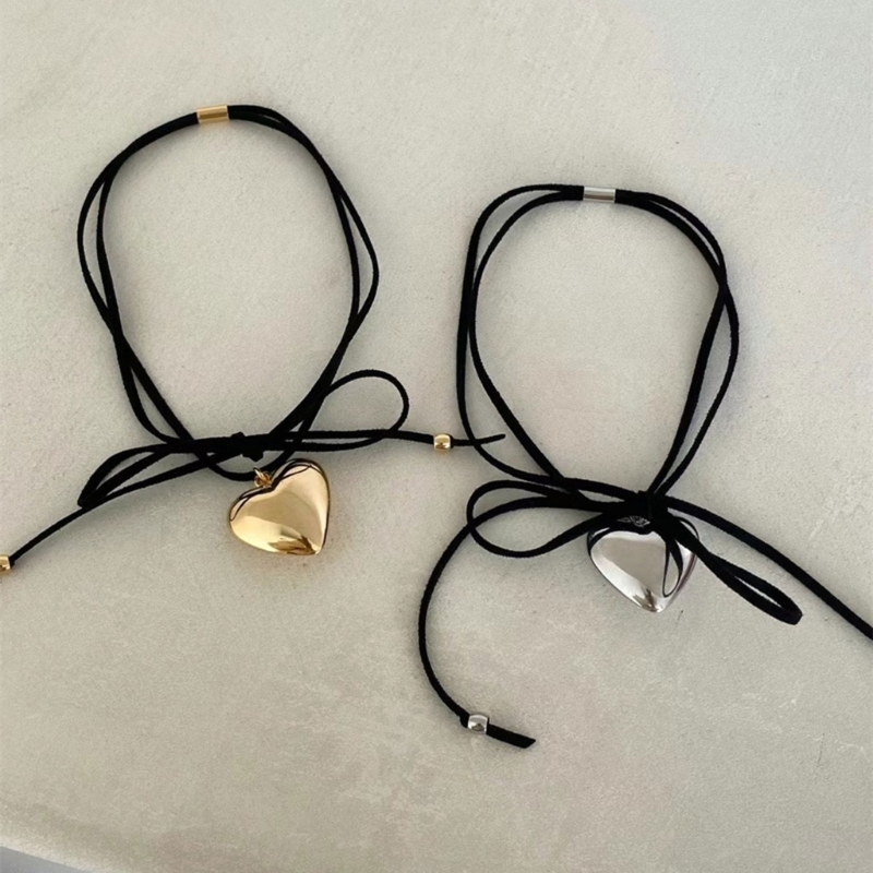 Fashion Heart Pendant Necklace Adjustable Knotted Bowknot Choker Neck Tie Chain Jewelry Elegant Clavicle Chain Necklace