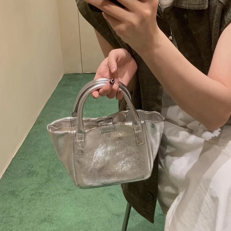 Simple Vintage Handbag Silver Pu Leather Korean Style Mobile Phone Crossbody Bag Summer Fashion Designer Shoulder Bag
