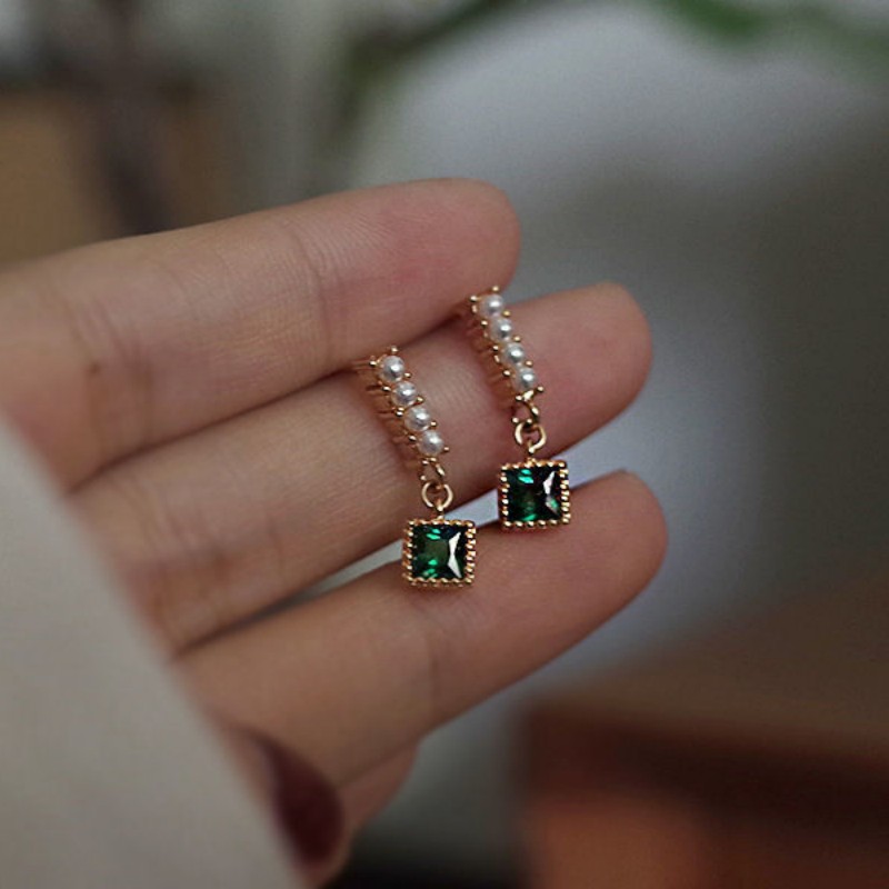 Accessories For Women Square Green Zircon Pearl Stud Earrings For Women Birthday Wedding Korean Jewelry Gift