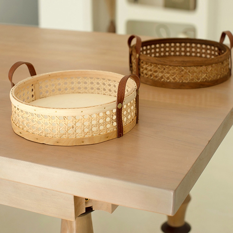 Rattan Woven Storage Basket Home Living Room Round Placing Tray For Fruit Bread Breathable Desktop Organizer