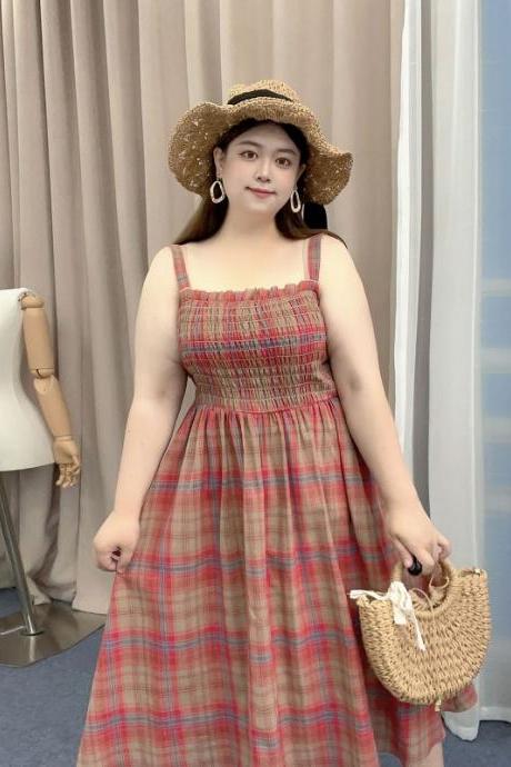 Plus Size Women's Summer Retro Plaid Holiday Style Suspender Dress