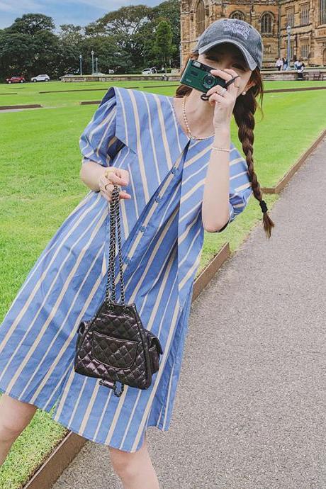 Navy Collar Single Breasted Loose Blue Striped Dress