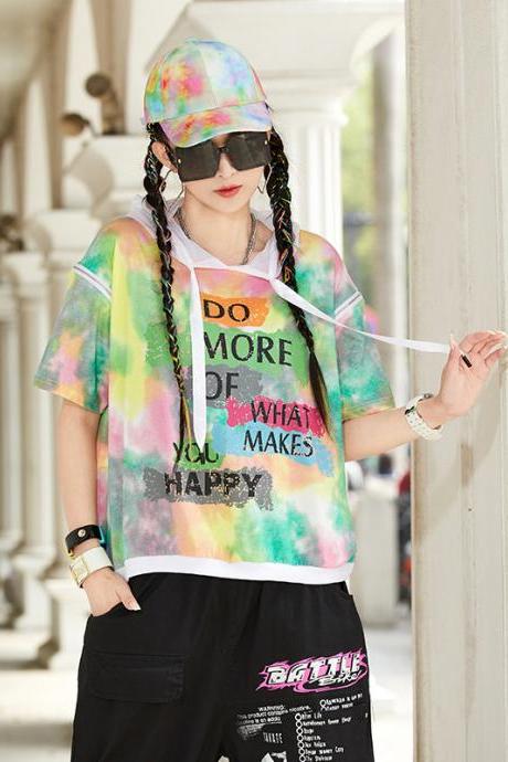 Style Painted Tie-dye Letter Short-sleeved T-shirt For Women