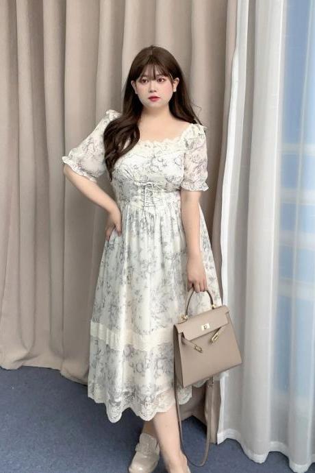 Plus Size Women's Lace Stitching Waist Dress Princess Dress