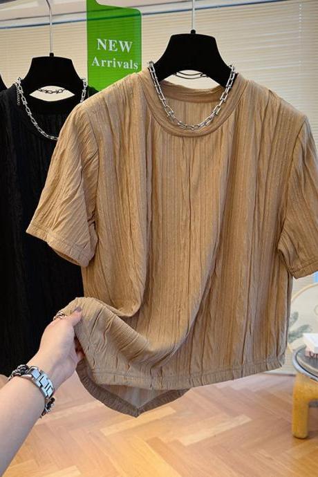 Design Sense Irregular Hem Pleated T-shirt Women's Short-sleeved Loose Shirt Top
