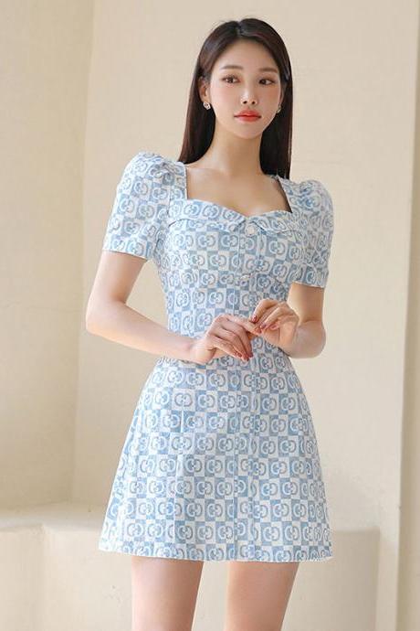 Style Square Collar Puff Sleeve Waist Slimming Geometric Pattern A-line Skirt For Women