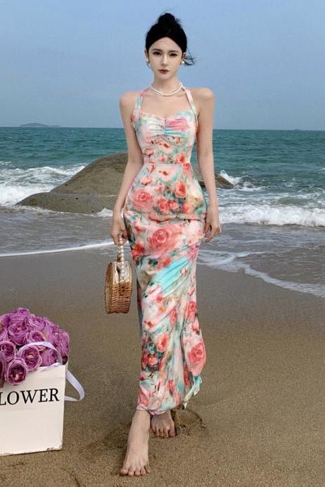 Holiday Halter Neck Printed Dress Summer Sling Waist Mermaid Skirt Female