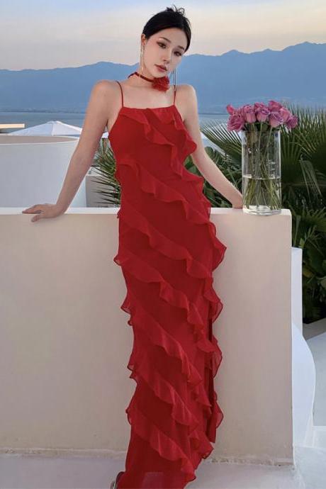 Fashion Sexy Slim Suspender Ruffled Red Vacation Travel Long Dress