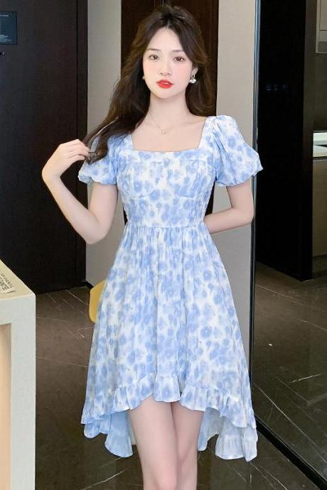 Blue Floral Dress French Fashion Square Neck Waist Slim Chiffon Mermaid Skirt