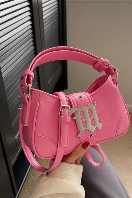 Cute Y2k Pink Leather Underarm Designer Fashion Women's Bag Zipper Hasp Classic French Style Handbag French 2023 Long Strap