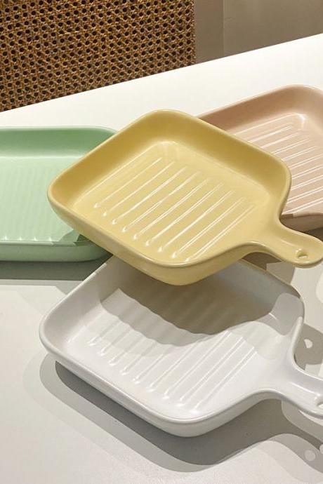 Korean Home Baked Rice Plate Cream Yellow Baking Bowl With Handle Baking Tray Oven Matt Ceramic Tableware