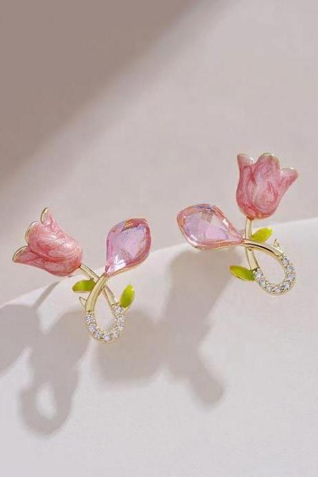 Pink Color Enamel Tulip Earrings For Women Exquisite Simple Style Flower Statement Stud Earring Fashion Brand Jewelry Gift