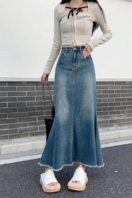 Casual Loose Tassel Long Women Denim Skirts Autumn Winter Vintage High Waist Pocket Female Jeans Skirts