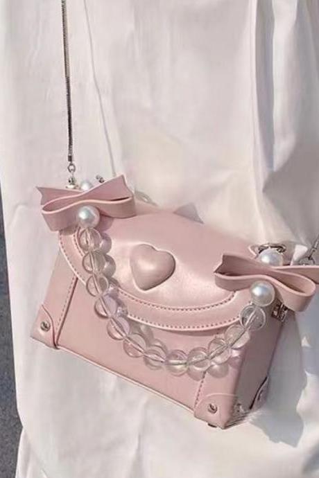 Sweet Love Women's Small Square Shoulder Bags Fashion Beaded Handle Ladies Chain Purse Handbags Female Girls Bow Crossbody Bag